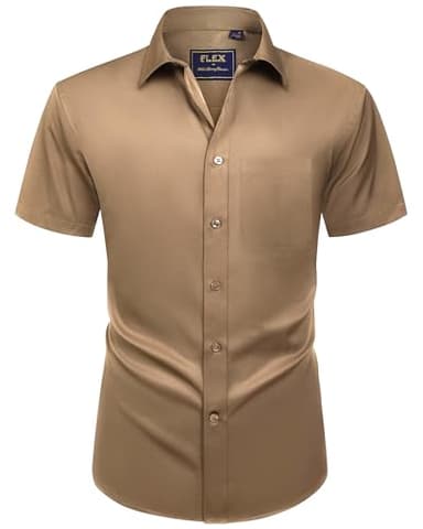Alimens & Gentle Mens Short Sleeve Dress Shirts Wrinkle Free Solid Casual Button Down Shirts with Pocket, Dark Khaki, 3X-Large - Image 1