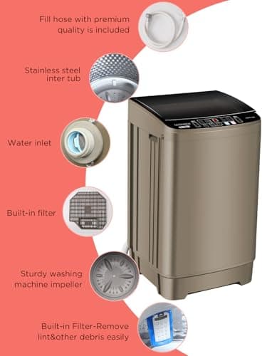 F.W.WOOLWORTHS 17.7 lbs Full Automatic Washing Machine with Spin Dryer - 10 Wash Programs, 8 Water Levels, LED Display, Drain Pump, Washer for Apartment, Dorm, Home, Gold - Image 7