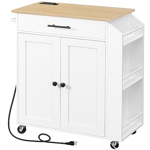 HOOBRO Kitchen Island with Power Outlet, Kitchen Storage Island with Spice Rack and Drawer, Rolling Kitchen on Wheels, for Home, Dining Room, Natural and White - Image 1