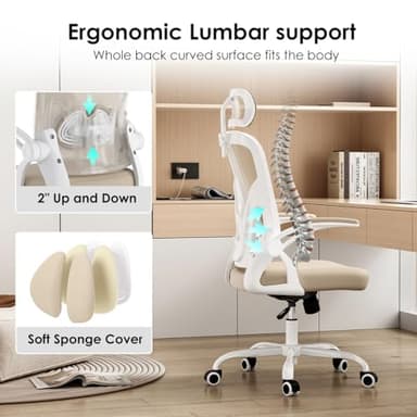 Farini Ergonomic Office Chair, Home Office Desk Chair with Headrest, High Back Computer Chair with Armrests and Adjustable Lumbar Support for Home Office Study Room, White & Khaki - Image 3