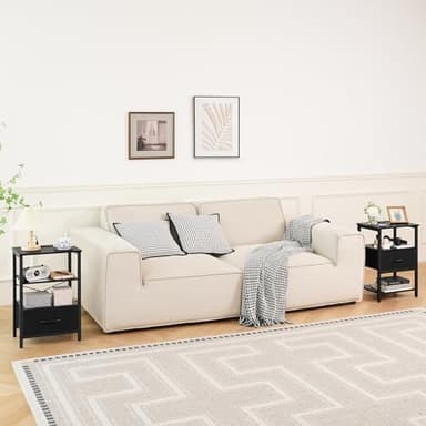 Yoobure Side Table with Storage, LED Night Stand with Charging Station, End Tables Living Room, Nightstand for Bedroom with Adjustable Fabric Drawer, 3-Tier Wood Bedside Table, Black - Image 9