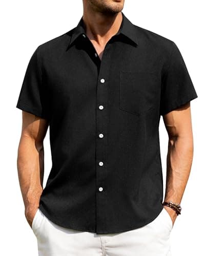 Alimens & Gentle Mens Linen Shirts Short Sleeve Button Down Shirts Wrinkle Free Casual Vacation Beach Summer Tops,Black,XL - Image 1