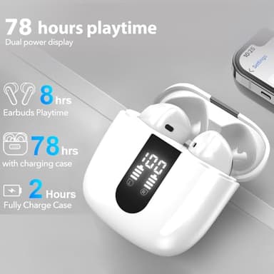 JBES Bluetooth Earbuds Wireless Headphones, 60H Deep Bass Ear Buds with 4 Noise Cancelling Microphone, IP5 Waterproof Earphones for iPhone Android Sports audifonos Bluetooth inalambricos (White) - Image 4