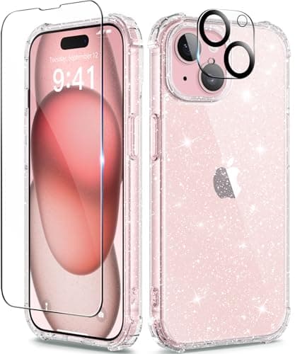 TIESZEN 3 in 1 Compatible with iPhone 15 Case Glitter, with Screen Protector + Camera Lens Protector, [Non-Yellowing] Clear Sparkle Slim Shockproof Hard Phone Cover for Women 6.1 Inch, Shiny Clear - Image 1