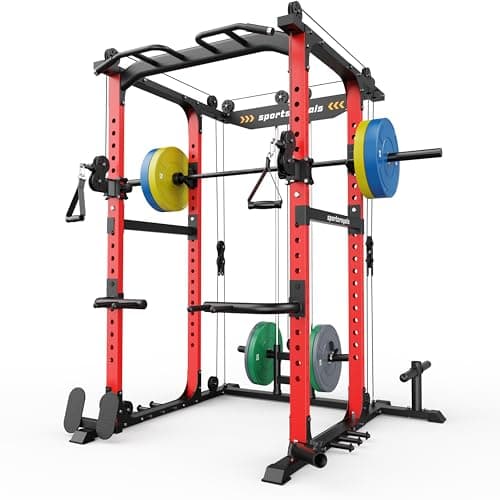 Sportsroyals Power Cage,1600lbs Multi-Function Power Rack with Adjustable Cable Crossover System and More Training Attachment, Weight Cage for Home Gym,Multi-Weight Combination Barbell Plates(RED) - Image 1