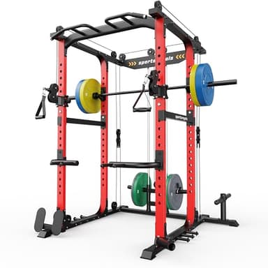 Sportsroyals Power Cage,1600lbs Multi-Function Power Rack with Adjustable Cable Crossover System and More Training Attachment, Weight Cage for Home Gym,Multi-Weight Combination Barbell Plates(RED) - Image 1
