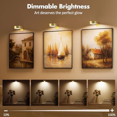 3Pcs Battery Operated Picture Light, Magnetic Led Painting Light with Remote Dimmable and Timer, 3 Lighting Modes Art Display Light for Picture Frame Paintings, Wireless Wall Decor Puck Lights, Gold - Image 3