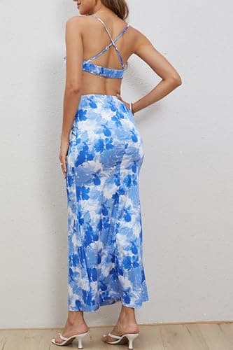 Milumia Women's Floral Cut Out Backless Maxi Dress Ruched Sleeveless Long Cocktail Party Dresses Ultra Marine Blue X-Large - Image 2