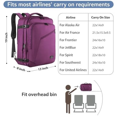MATEIN Travel Backpack for Women, Expandable Flight Approved Carry on Backpack, Water Resistant Lightweight Suitcase, Large Business Weekender Daypack, Gift for Traveler, Purple - Image 2
