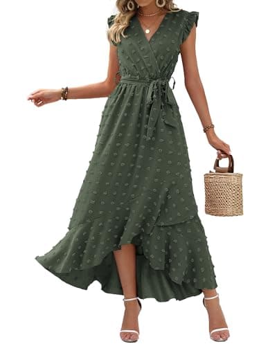 BTFBM Women V Neck Summer Dress 2025 Cap Sleeve Swiss Dot Boho Flowy Ruffle Slit Beach Party Long Maxi Cocktail Dresses(Army Green, Medium) - Image 1