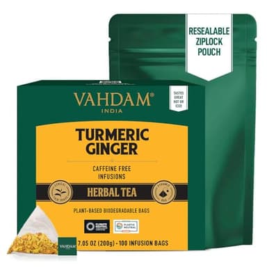 VAHDAM, Organic Turmeric Ginger Herbal Tea Bags (100 Pyramid Tea Bags) Caffeine Free, Non GMO | 100% Pure Herbal Blend - Savory & Spicy, Plant-Based Teabags | Resealable Ziplock Pouch - Image 3