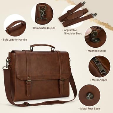 IGOLUMON Messenger Bag for Men 15.6 inch Vintage Leather Waterproof Laptop Briefcase Large Computer Laptop Bag Leather Satchel Bag Retro Shoulder Bag for Office Business Travel College, Brown - Image 4