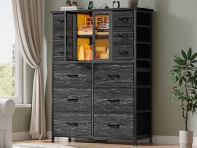 Dresser for Bedroom with 12 Drawers, Charging Station & LED Light & Mesh Door, Large Chests of Drawers for Hallway, Living Room, Entryway, Wooden Top, Metal Frame, Black, 50.6" H x 37.8" W x 11.8" D - Image 2
