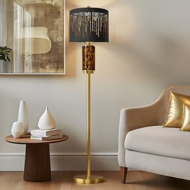 Oneach 63.75" Floor Lamp for Living Room, Modern Gold Lamp with LED Leopard Glass Night Light, Vintage Standing Lamp, Black Lampshade, Unique Luxury Tall Lamp for Bedroom Home Office(Bulb Included) - Image 1