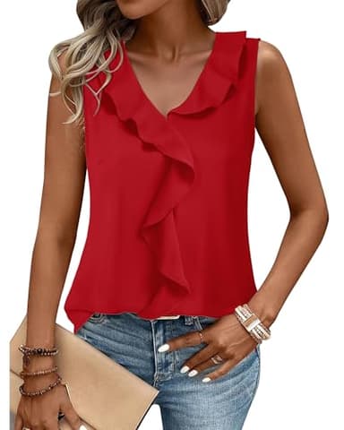 Gaharu Sleeveless Blouse Tops: Dressy Casual Chiffon Shirt - V Neck Ruffles for Office Wear Under Blazers - Fashion Women Essentials Red M - Image 1