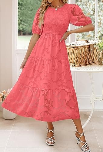 ZESICA Women's 2025 Summer Short Puff Sleeve Crewneck Smocked Floral Lace Flowy A Line Tiered Maxi Dresses,Watermelon,Large - Image 2