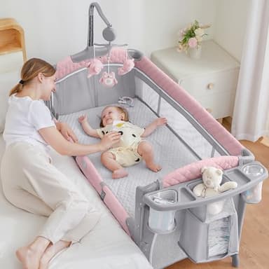 ADOVEL Baby Bassinet Bedside Crib, Pack and Play with Mattress, Diaper Changer and Playards from Newborn to Toddles, Pink - Image 1