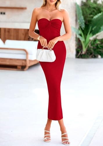 PRETTYGARDEN Women's Bodycon Long Dresses Summer Strapless Tube Twist Knot Front Ribbed Knit Maxi Cocktail Dress with Slit (Red,Medium) - Image 3