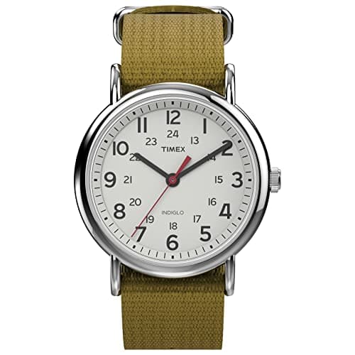 Timex Unisex Weekender 38mm Watch – Silver-Tone Case White Dial with Olive Fabric Slip-Thru Strap - Image 1
