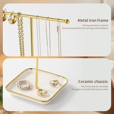 Leijosya modern T-shaped jewelry rack, jewelry tower, gold metal, square ceramic base decoration display tower, necklace, bracelet, ring storage rack (1Tiers) - Image 4