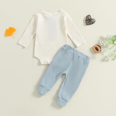 fhutpw Baby Boy Clothes 3 6 12 18 Months Ribbed Knitted Long Sleeve Romper and Pants Sets Newborn Fall Splicing Color Outfits (White&Blue, 3-6 Months) - Image 3