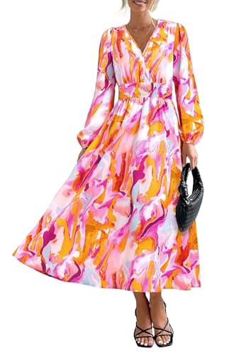 PRETTYGARDEN Women's Spring Floral Midi Dress Casual Fall V Neck Long Sleeve Flowy Beach Wedding Guest Vacation Dresses (Multicolored Print,XX-Large) - Image 1