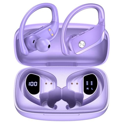 bmanl Wireless Earbuds Bluetooth Headphones 48hrs Play Back Sport Earphones with LED Display Over-Ear Buds with Earhooks Built-in Mic Headset for Workout Purple - Image 1