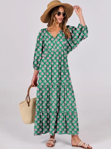 ANRABESS Womens Boho Maxi Dresses 2025 Summer V Neck Puff Sleeve Floral Flowy Swing Fall Casual Long Dress Green Small - Image 2