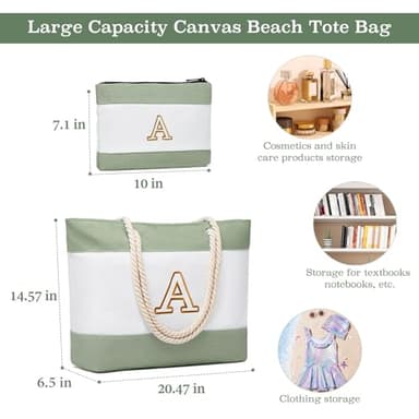 Becokan Initial Beach Bag Waterproof Canvas Beach Tote Bag Zipper Personalized Gifts for Women Her Birthday Travel Essentials (A, Light Green 2 pcs) - Image 2