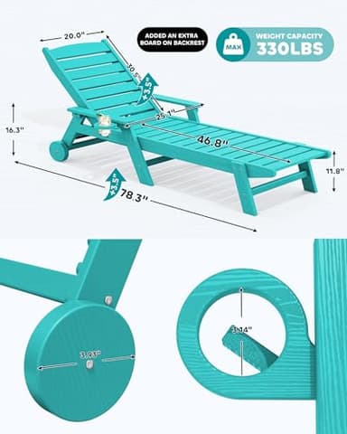 SERWALL Patio Chaise Lounge Chair Set of 2, 78'' Long 5-Positions Adjustable HDPE Outdoor Lounger for Pool, Poly Lounge Chair with Rolling Wheels & Cup Holder for Poolside, Deck, Aqua Blue - Image 3