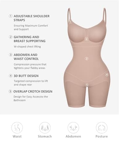 FeelinGirl Seamless Bodysuit Shapewear Hip Enhancer High Waist Body Shaper Full Body Slimming Faja Khaki Beige M/L - Image 6