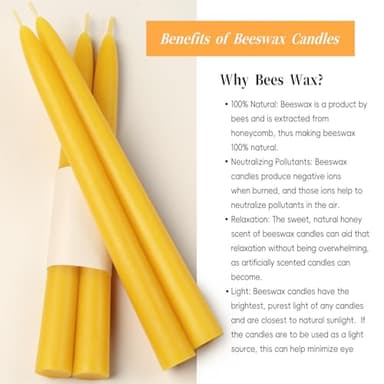 9-inch Beeswax Taper Candles, Natural Beeswax Long Candle Sticks, 10 Hours Burn Time, Smokeless & Dripless Taper Candle for Table Decor, Unscented Bee Wax Tapered Candles (8 Packs) - Image 7