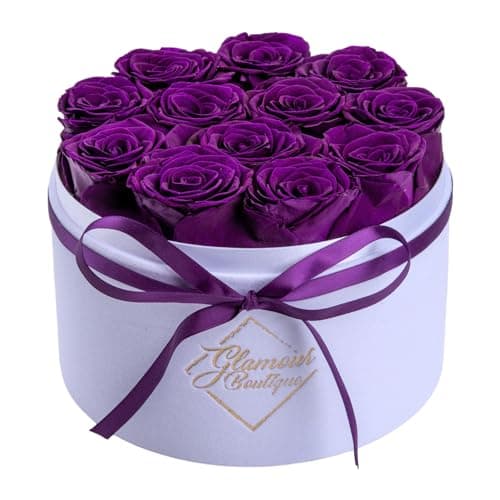GLAMOUR BOUTIQUE Flower Forever Gift Box 12 Real Preserved Roses in Round Velvet White Box, Handmade, Rose Petals, Birthday, Marriage, Anniversary, Graduation - Purple - Image 1