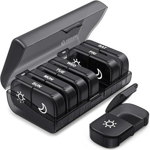 AUVON XL Weekly Pill Organizer 2 Times a Day, Pill Box 7 Day with One-Side Large Openings for Easy to Use, Black Privacy Protection AM PM Pill Case for Medication, Vitamins, Fish Oils, Supplements - Image 1