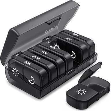 AUVON XL Weekly Pill Organizer 2 Times a Day, Pill Box 7 Day with One-Side Large Openings for Easy to Use, Black Privacy Protection AM PM Pill Case for Medication, Vitamins, Fish Oils, Supplements - Image 1