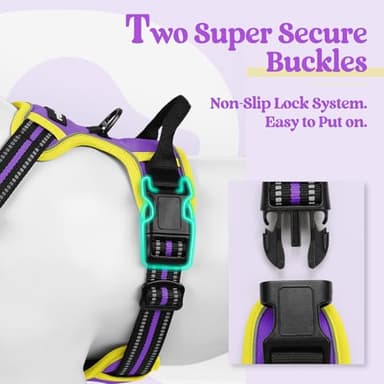 rabbitgoo Dog Harness No Pull with 2 Leash Clips, Adjustable Soft Padded, Reflective Oxford No Choke Pet Vest with Easy Control Handle for Large Dogs, Purple & Yellow, XL - Image 3