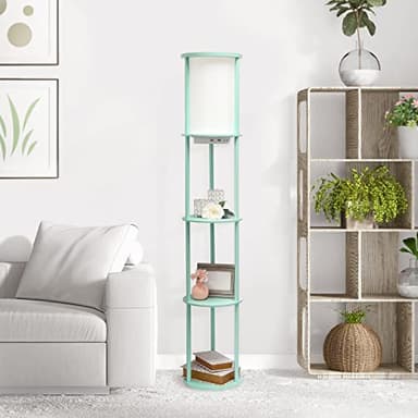 Simple Designs LF2010-AQU 62.5" Round Modern Shelf Etagere Organizer Storage Floor Lamp with 2 USB Charging Ports, 1 Charging Outlet and Linen Shade for Living Room Bedroom, Aqua, 11.5 x 11.5 x 62.5 - Image 2