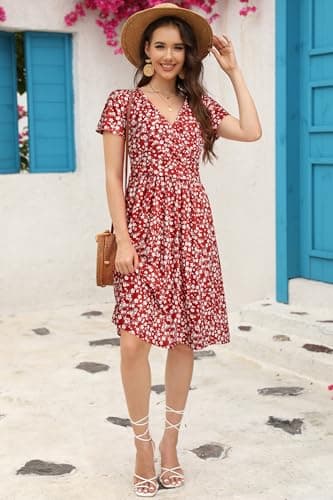 OUGES Women's 2025 Summer Short Sleeve V Neck Floral Midi Dress with Pockets Maternity Nursing Dresses Clothes(Floral F,L) - Image 4