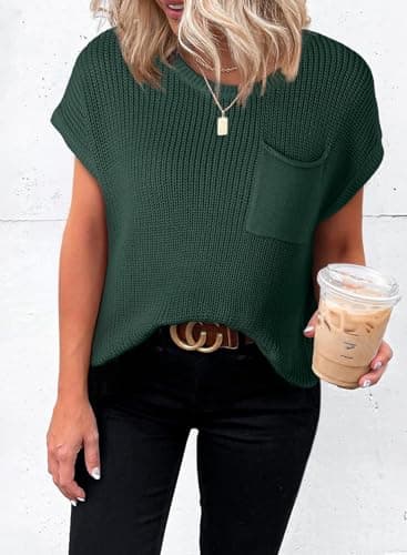 Dokotoo Womens Ladies Cap Sleeve Tunic Tops and Blouses for Women Sweaters Oversized Casual Summer Loose Fitting Short Sleeve Sweater Trendy Shirts Solid T-Shirts Green X-Large - Image 2