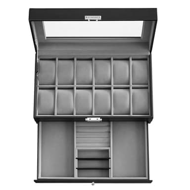 SONGMICS Watch Box, 12-Slot Watch Case Organizer with Large Glass Lid, 2 Layers, Removable Pillows, Metal Lock, Gift for Loved Ones, Black Synthetic Leather, Gray Lining UJWB012 - Image 8