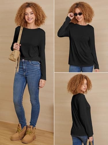 ATHMILE Womens Long Sleeve Fall Tops Cotton Dressy Casual Solid Tunic Basic Apparel Shirts Trendy Crew Neckline Simple Tops Plus Size Black - Image 2
