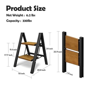 Taranta 2 Step Ladder,Aluminum Lightweight Folding 2 Step Stool with Anti-Slip Wide Pedal, 330lbs Capacity Step Ladder for Household,Kitchen,Office - BlackWoodgrain - Image 6