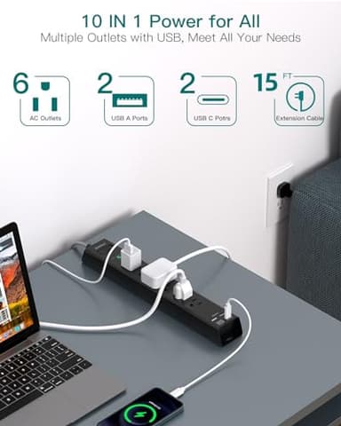 Surge Protector Power Strip 15 Ft Cord, Ultra Thin Flat Extension Cord with 6 Outlets 4 USB Ports(2 USB C), Flat Plug Power Strip, 15 Ft Long Power Cord, Home Office College Dorm Room Essentials - Image 3