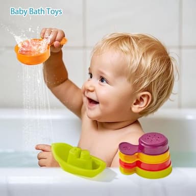 Bath Toys, 11PCS | Mold Free Baby Bath Toys for Toddlers with Bath Boats | Countable Spoons with Number | Easy-Grip, Floating and Drain Water | Color Recognition & Stacking Skill | Baby Water Pool Toy - Image 2
