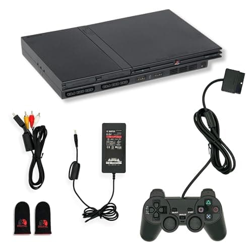 Digital Dynasty Sony PS2 PlayStation 2 Slim Console Black Premium Bundle with 1-Year Warranty – Includes Controller, AV Cable, Power Cord, and 2 Gaming Sleeves (Renewed)