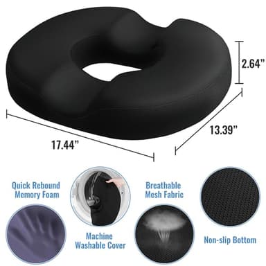Donut Pillow Seat Cushion Chair Pad for Tailbone Pain Relief and Hemorrhoids, Memory Foam Seat Chair Cushion for Postpartum Pregnancy, Seat Cushions for Men and Women for Home & Office, (Black) - Image 2