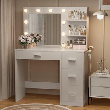 YESHOMY Vanity Desk with Mirror, 10 Lights, Power Outlet and 3 Storage Shelves, Makeup Table with 4 Drawers, 3 Color Modes, for Bedroom, White - Image 2
