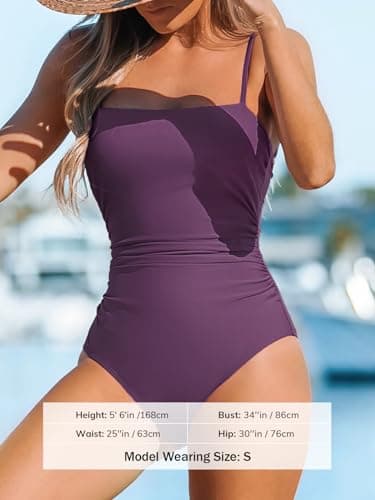 CUPSHE Women's One Piece Swimsuit Square Neck Cutout Back Tummy Control Adjustable Straps Striped Swimwear, L Grape Purple - Image 3