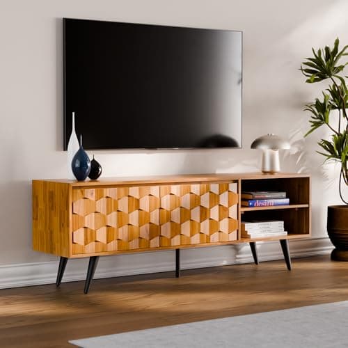 Bme Georgina Solid Wood, 10 Minutes Assembly Entertainment Center with Storage Geometric Pattern Console for Living, Bedroom, Dining Room, TV Stand 65 Inch, Teak Brown - Image 1