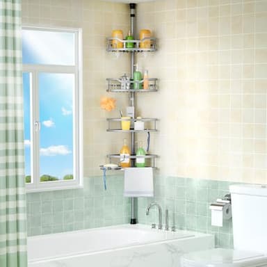 HAMITOR Corner Shower Caddy Tension Pole: Rustproof 4-Tier Bathroom Organizer Shelves for Bathtub Shampoo Storage - 47-121 Inch Quick Install Adjustable Rod Standing Rack with Soap Rack - Silver Gray - Image 7